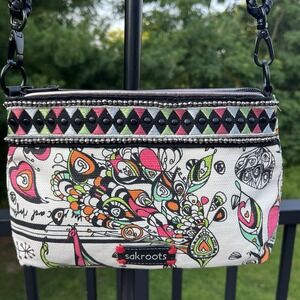 Sakroots Crossbody Clutch Purse Optic Songbird Embroidery Black White Pink Clean